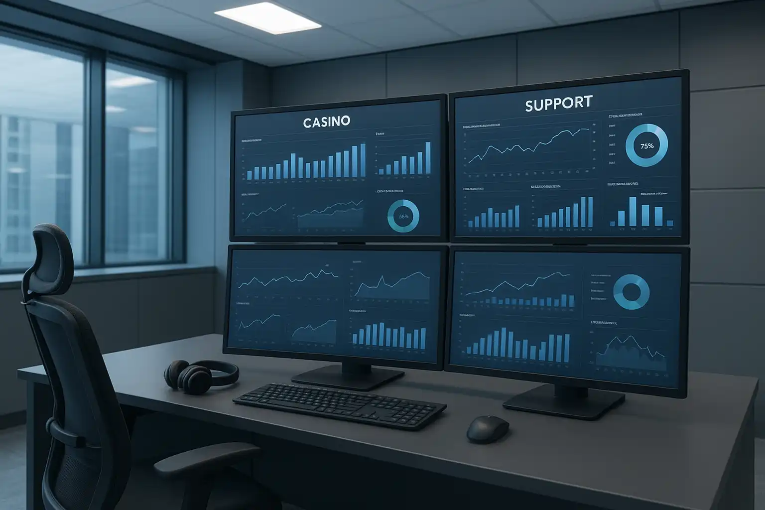 Team of casino support staff working at a control desk with monitors showing game statistics