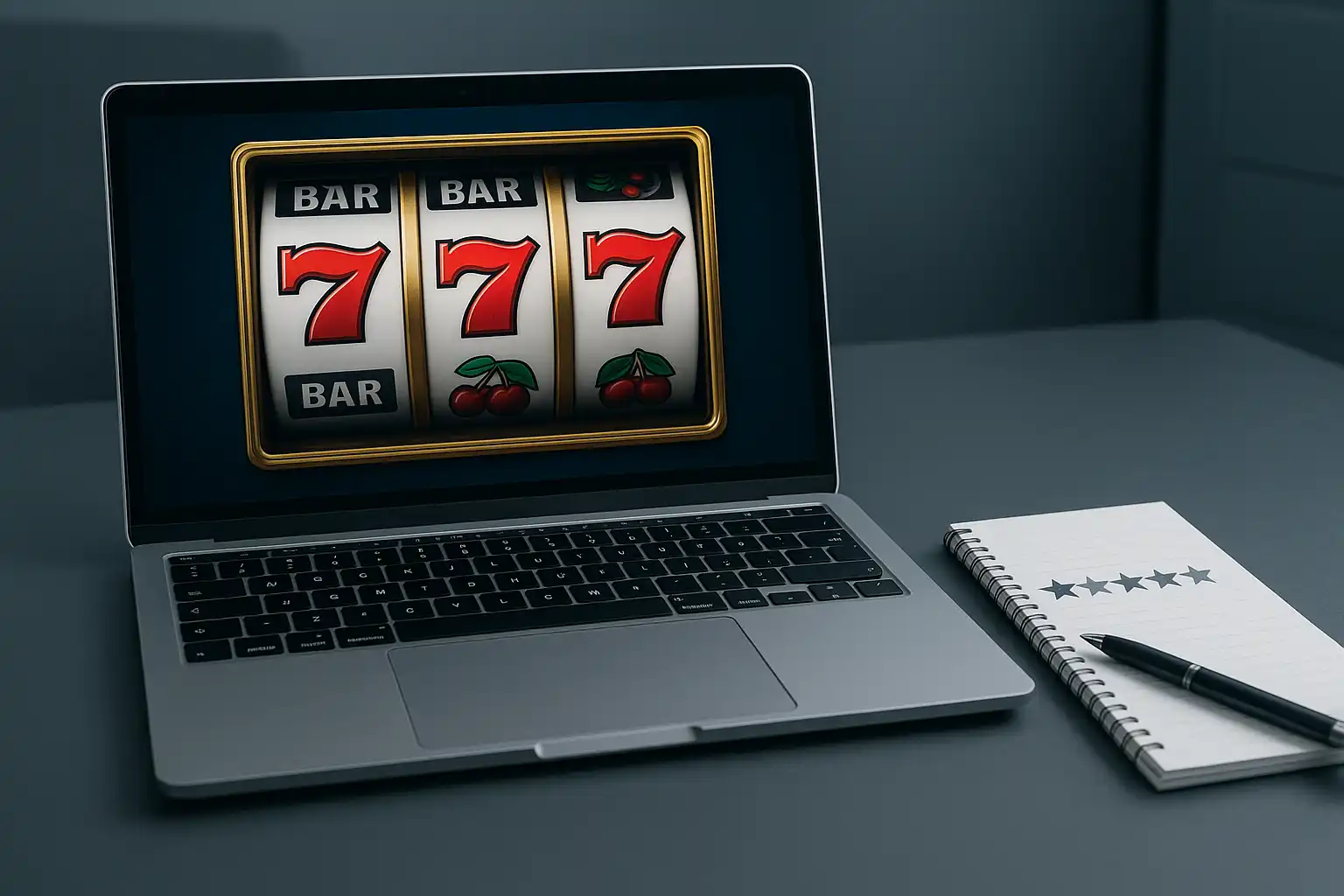 Reviewer's desk with a laptop showing casino slot reels and a notepad with star ratings
