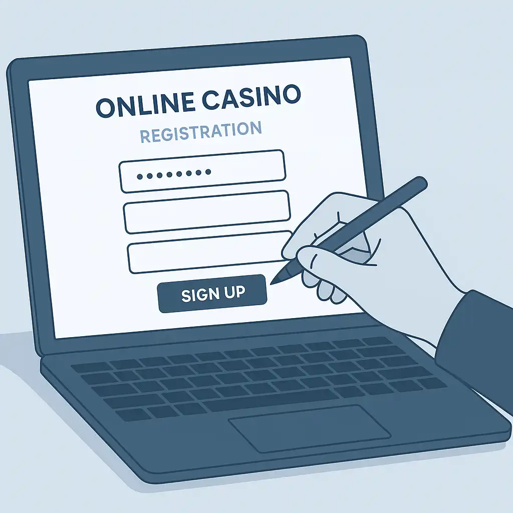 Illustration of a hand filling in a casino registration form on a laptop